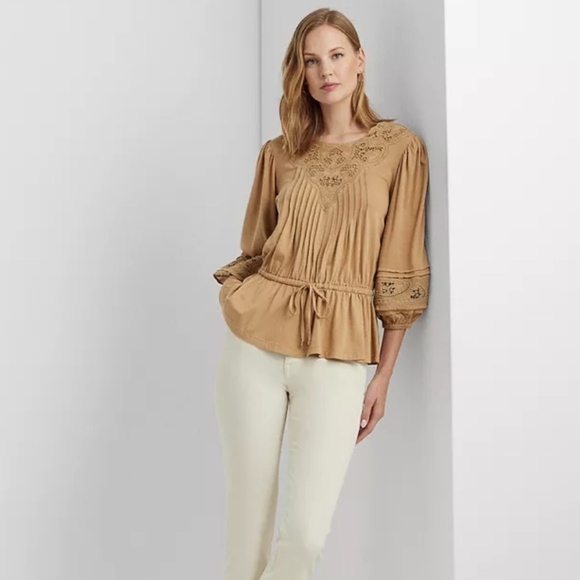 NWT LAUREN RALPH LAUREN Women's Lace-Trim Jersey Peplum Top Siz… - Picture 5 of 9